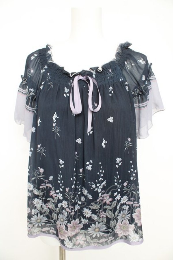 画像1: axes femme / アネモネ柄パイピングブラウス M 紺 Y-26-02-27-034-AX-BL-SZ-ZY (1)