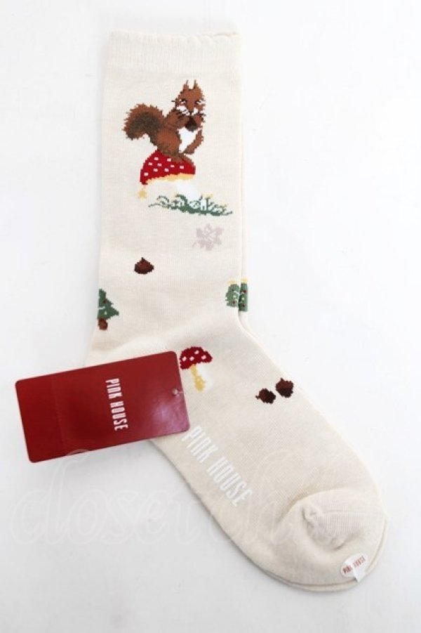 画像1: PINK HOUSE / ウィンターフォレストトリート柄ソックス  ベージュ Y-26-03-01-053-LO-ZA-SZ-ZY (1)