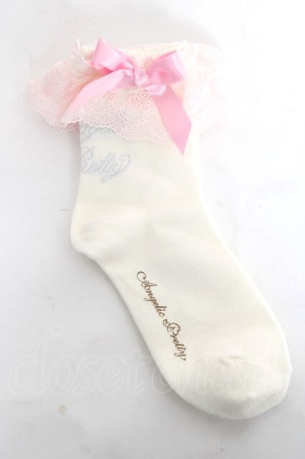 画像1: Angelic Pretty / プリンセスロゴクルー丈ソックス  シロ×ピンク Y-26-03-01-060-AP-ZA-IG-ZY (1)