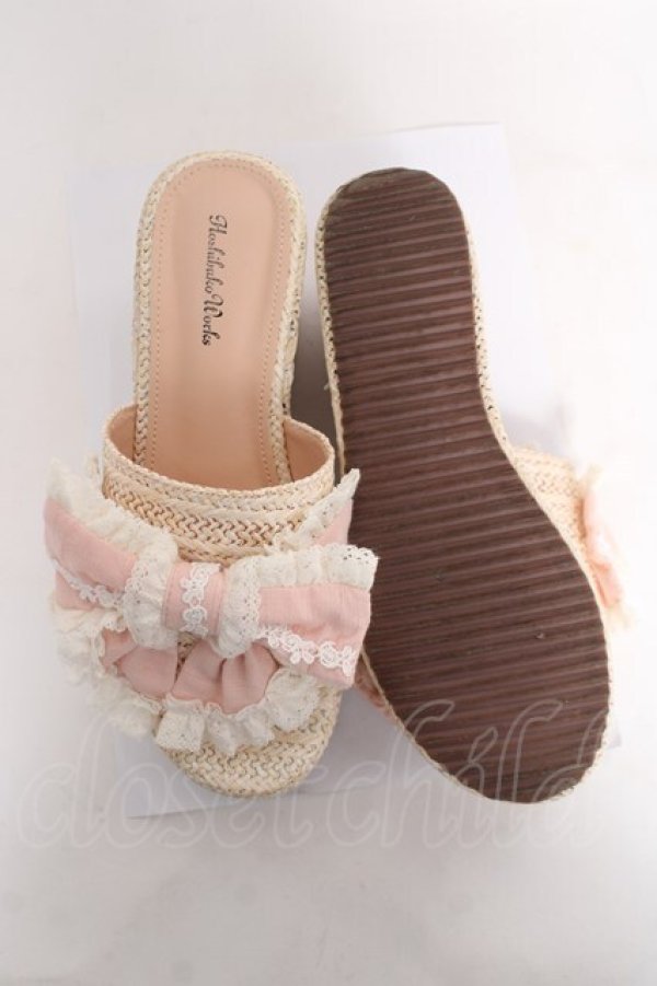 画像5: Hoshibako Works / お人形風シャンティクリームリボンウェッジソールサンダル L ピンク Y-26-03-01-124-LO-SH-SZ-ZY (5)