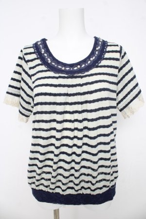 画像: axes femme / バックレースアップボーダーTシャツ  紺 Y-26-03-03-031-AX-TO-SZ-ZY