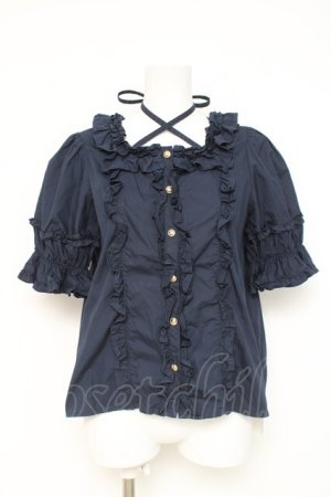 画像: Chalmiere / スクエア開きコットンブラウス  紺 Y-26-03-06-081-LO-BL-SZ-ZY