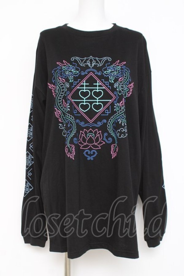 画像1: LISTEN FLAVOR / チャイナプリントロンT  黒 Y-26-03-06-125-PU-TO-SZ-ZY (1)