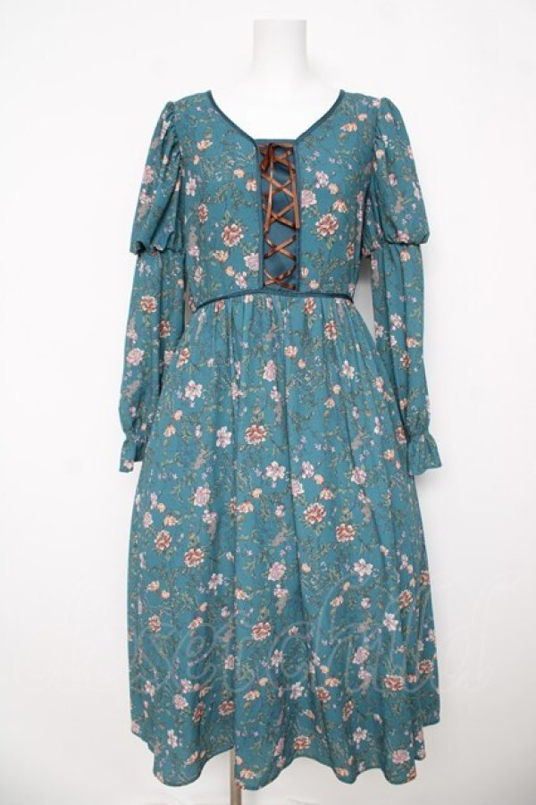 画像1: axes femme Nostalgic / ボタニカル柄レースアップワンピース  グリーン Y-26-03-06-173-LO-OP-SZ-ZY (1)