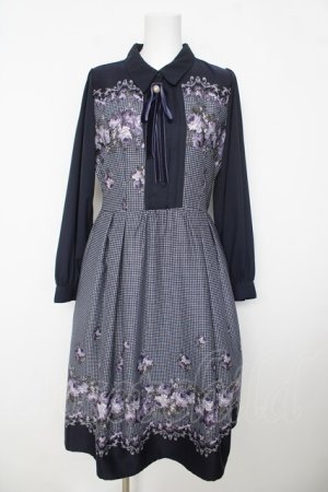 画像: axes femme / バラ×千鳥柄襟付ワンピース  紺 Y-26-03-06-180-AX-OP-SZ-ZY