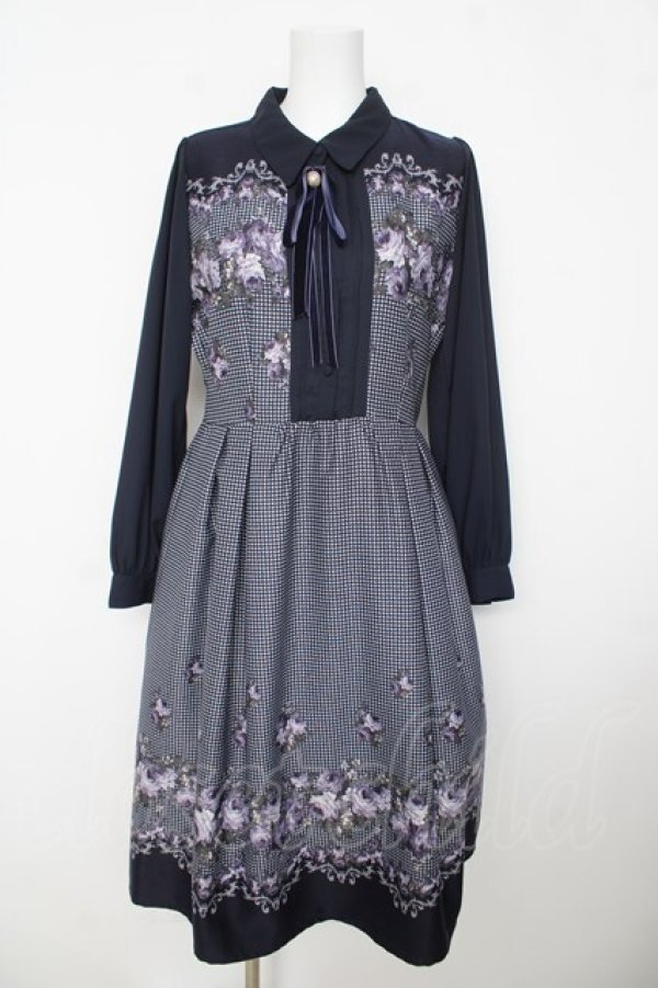 画像1: axes femme / バラ×千鳥柄襟付ワンピース  紺 Y-26-03-06-180-AX-OP-SZ-ZY (1)