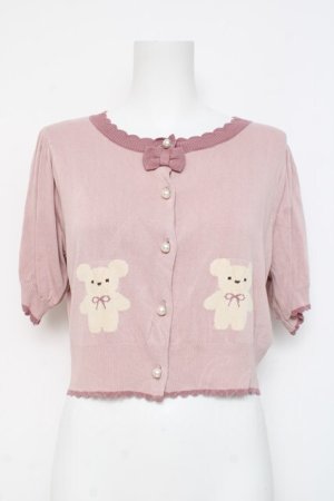 画像: axes femme kawaii / クマ柄半袖ニットカーディガン  ピンク Y-26-03-09-076-AX-TO-SZ-ZY