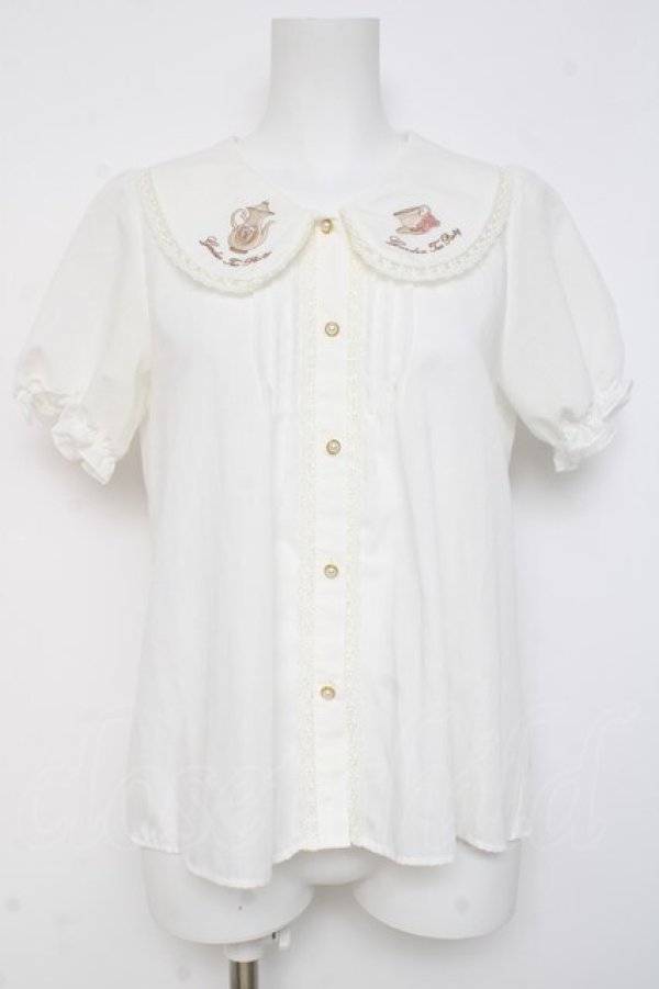 画像1: Amavel / ティーセット刺繍入り配色リボンタイ付半袖ブラウス F 白 Y-26-03-09-099-CA-BL-SZ-ZY (1)