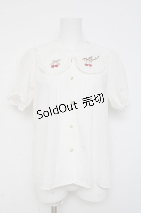 画像1: Amavel / Cherry刺繍入り配色リボンタイ付半袖ブラウス F 白 Y-26-03-09-100-CA-BL-SZ-ZY (1)