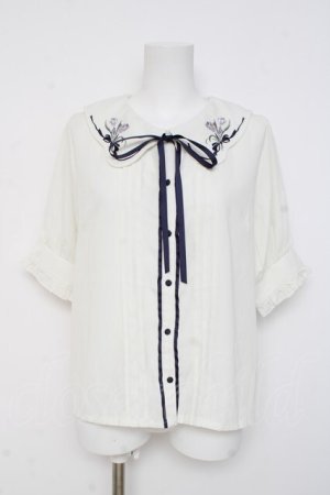 画像: axes femme POETIQUE / チューリップ刺繍ブラウス M 紺 Y-26-03-09-014-AX-BL-SZ-ZY