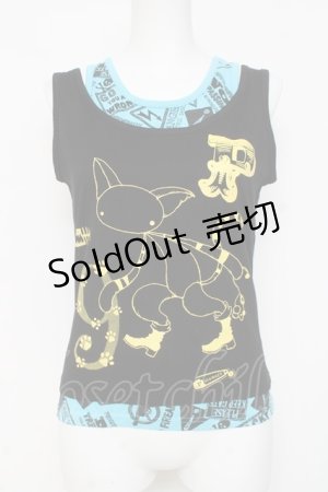 画像: PUTUMAYO / レイヤード風ねこptタンクトップ  黒×サックス Y-26-03-09-132-PT-TO-SZ-ZY