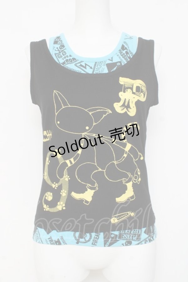 画像1: PUTUMAYO / レイヤード風ねこptタンクトップ  黒×サックス Y-26-03-09-132-PT-TO-SZ-ZY (1)