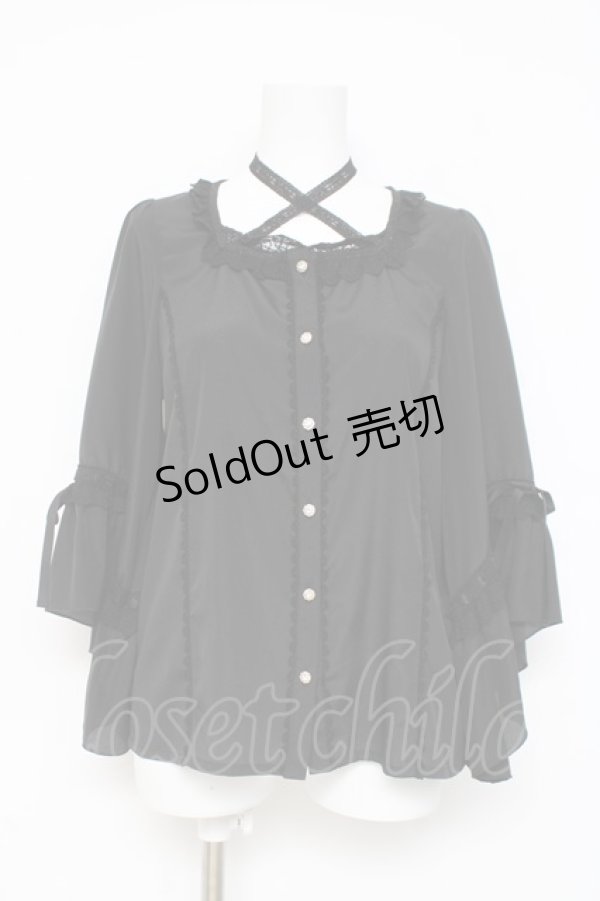 画像1: axes femme kawaii / はしごレース使いフレアスリーブブラウス M 黒 Y-26-03-09-022-AX-BL-SZ-ZY (1)