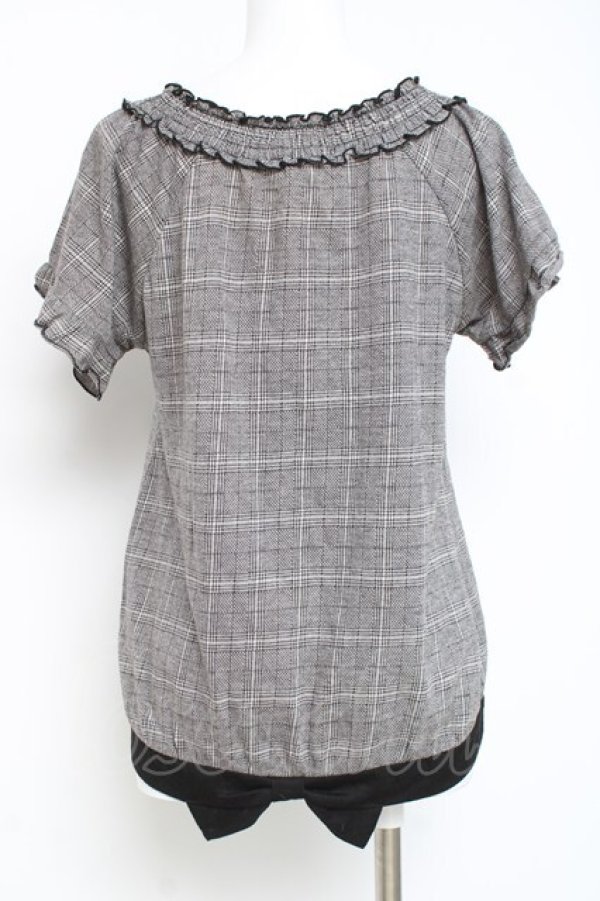 画像2: axes femme / チェック柄オフショルブラウス風プルオーバー M グレー Y-26-03-09-032-AX-TO-SZ-ZY (2)