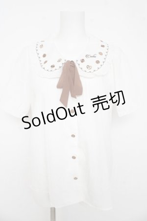 画像: Amavel / クッキー刺繍入り配色リボンタイ付半袖ブラウス M ブラウン Y-26-03-11-008-CA-BL-SZ-ZY