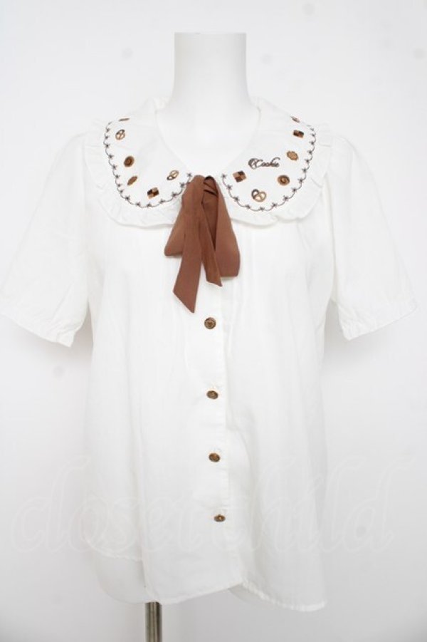画像1: Amavel / クッキー刺繍入り配色リボンタイ付半袖ブラウス M ブラウン Y-26-03-11-008-CA-BL-SZ-ZY (1)