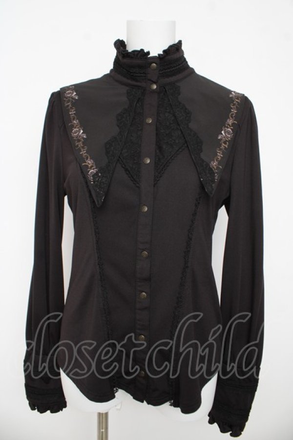 画像1: Ozz oneste / 薔薇刺繍立ち襟ブラウス  黒 Y-26-03-13-063-OO-BL-SZ-ZY (1)