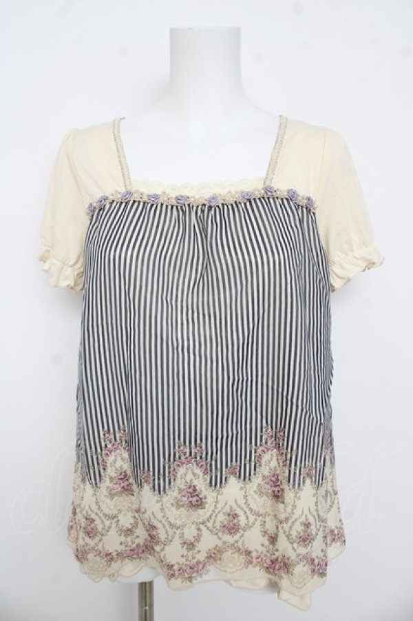 画像1: axes femme / 巻きバラ付きストライプ柄プルオーバー M 生成り Y-26-03-13-024-AX-TO-SZ-ZY (1)