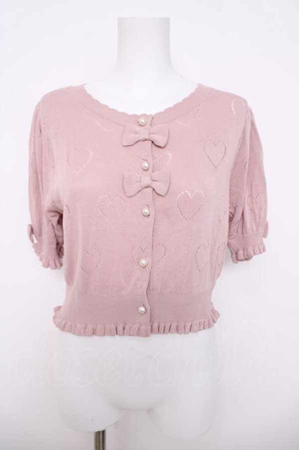 画像1: axes femme kawaii / ハート柄透かし半袖ニットカーディガン M ピンク Y-26-03-18-035-AX-TO-SZ-ZY (1)