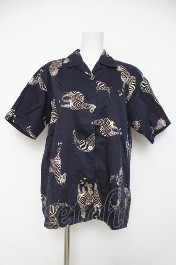 画像1: powder / シマウマ柄半袖シャツ F 紺 Y-26-03-20-049-LO-BL-SZ-ZY (1)