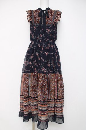 画像: axes femme / パッチワーク花柄ロングワンピース M 紺 Y-26-03-20-073-AX-OP-SZ-ZY