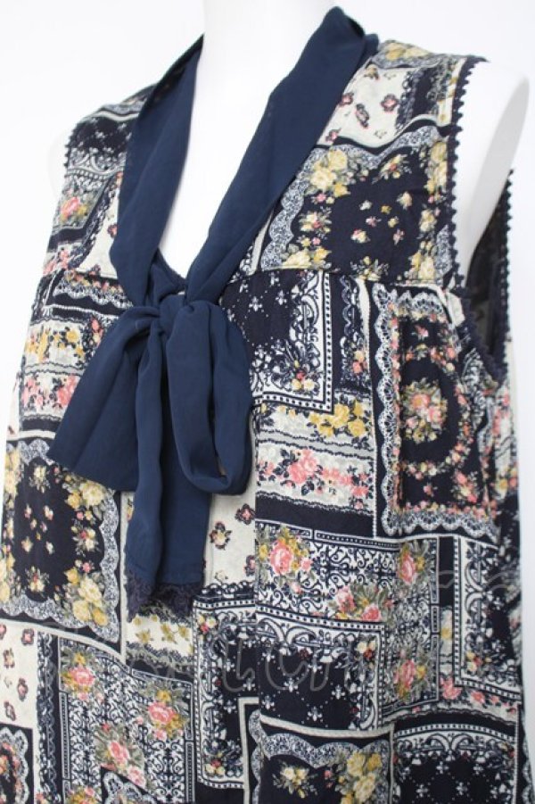 画像3: axes femme / パッチワーク柄ボウタイチュニ M 紺 Y-26-03-20-082-AX-OP-SZ-ZY (3)