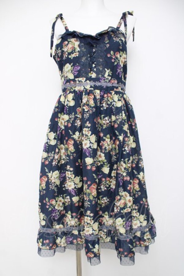 画像1: axes femme / フルーツ柄キャミワンピース M 紺 Y-26-03-20-086-AX-OP-SZ-ZY (1)