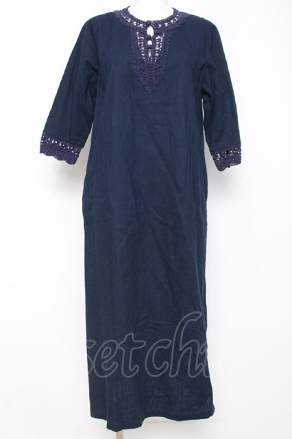 画像1: powder / ニットレース使い麻綿ワンピース F 紺 Y-26-03-20-108-LO-OP-SZ-ZY (1)