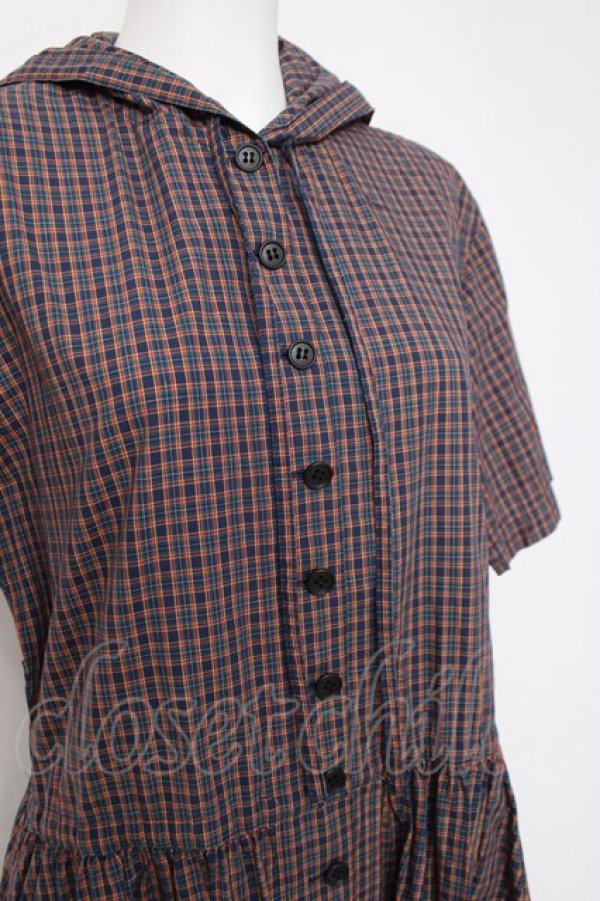 画像2: powder / フード付きチェック柄ワンピース F 紺 Y-26-03-20-121-LO-OP-SZ-ZY (2)