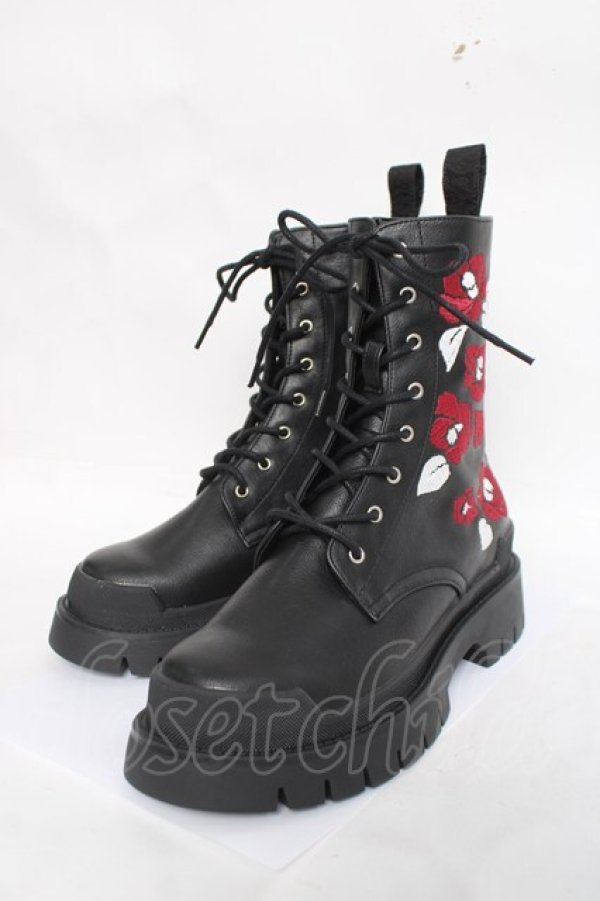 画像1: rezen / 椿刺繍レースアップブーツ 23.5 漆黒 Y-26-03-20-015-LO-SH-SZ-ZY (1)