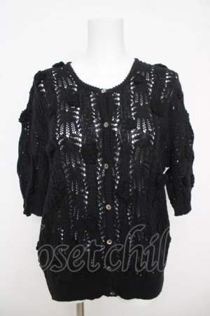 画像: INGEBORG / カメリアモチーフ半袖ニットカーディガン  黒 Y-26-03-24-055-LO-TO-SZ-ZY