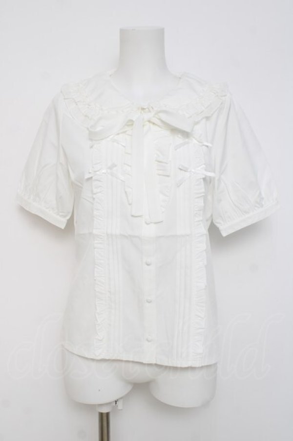 画像1: axes femme POETIQUE / リボンフリル半袖ブラウス M 白 Y-26-03-26-049-AX-BL-SZ-ZY (1)