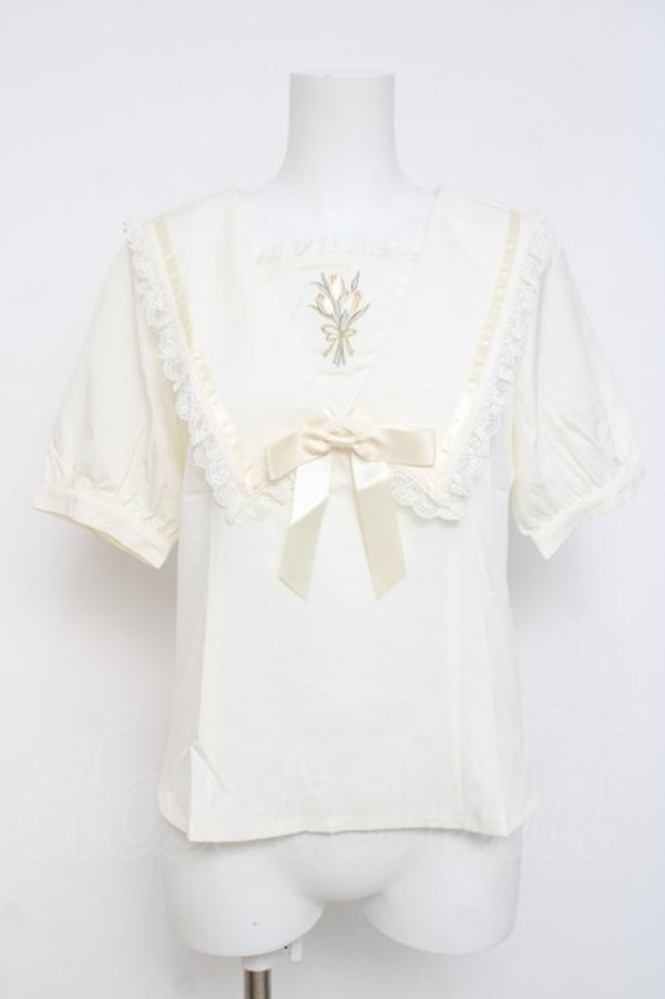 画像1: axes femme POETIQUE / リボン付きューリップ刺繍ブラウス M 生成り Y-26-03-26-050-AX-BL-SZ-ZY (1)