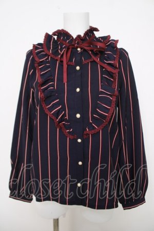 画像: axes femme / ストライプ柄フリルブラウス M 紺 Y-26-03-28-011-AX-BL-SZ-ZY