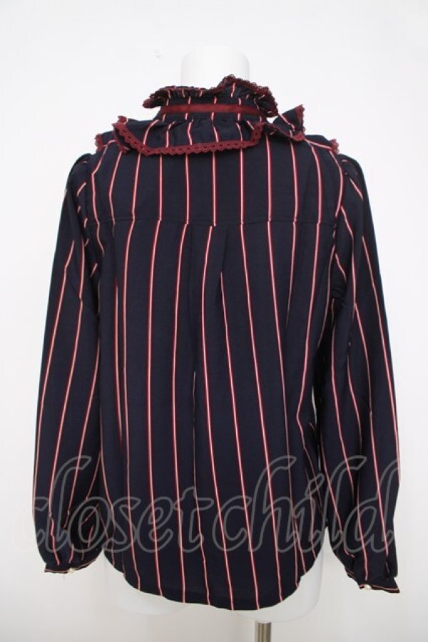 画像2: axes femme / ストライプ柄フリルブラウス M 紺 Y-26-03-28-011-AX-BL-SZ-ZY (2)
