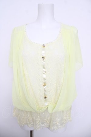 画像: axes femme / レース切り替えシフォン半袖トップス  イエロー Y-26-03-30-018-AX-TO-SZ-ZY
