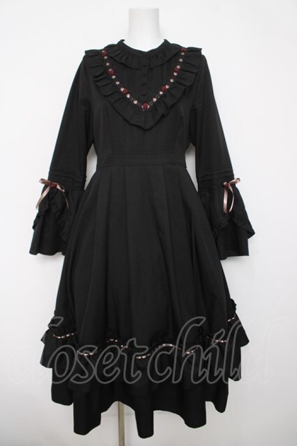 画像1: axes femme / ローズ×リボン姫袖ワンピース M 黒 Y-26-04-03-107-AX-OP-SZ-ZY (1)