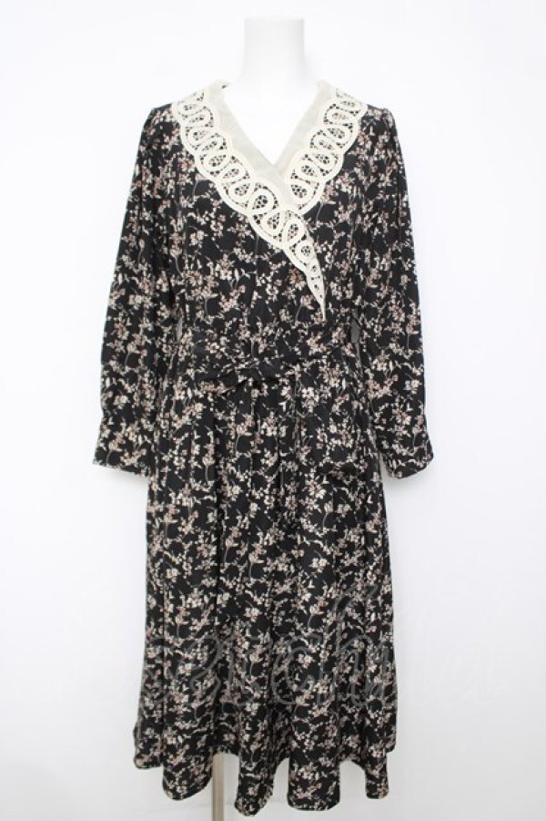 画像1: an another angelus / レース衿カシュクール花柄ワンピース  黒 Y-26-04-03-122-CA-OP-SZ-ZY (1)