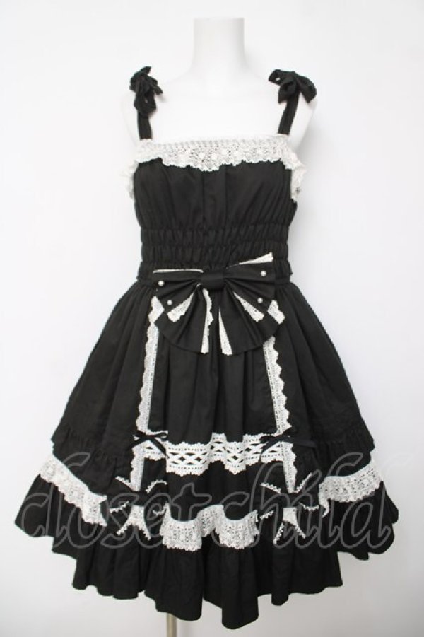 画像1: Angelic Pretty / リボンシャーリングジャンパースカート  ブラック/ホワイト Y-26-04-03-132-AP-OP-SZ-ZY (1)