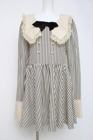 画像: DARK IN LOVE / 三角襟ストライプワンピース M 黒ｘオフ Y-26-04-05-090-PU-OP-AS-ZY