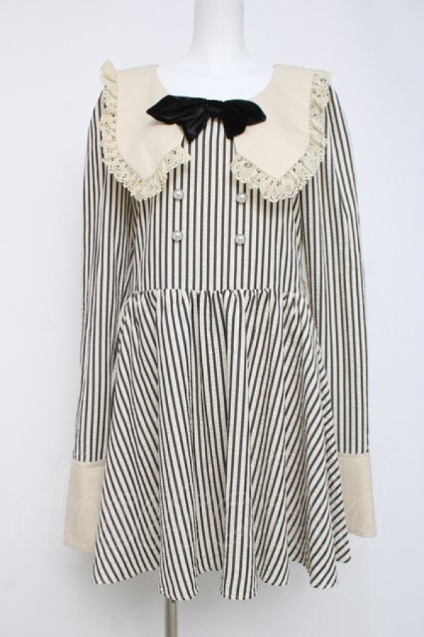 画像1: DARK IN LOVE / 三角襟ストライプワンピース M 黒ｘオフ Y-26-04-05-090-PU-OP-AS-ZY (1)