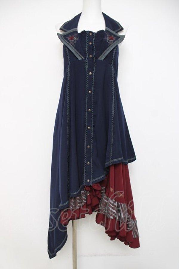 画像1: Ozz oneste / 薔薇刺繍ロングベストワンピース  紺 Y-26-04-09-032-OO-OP-SZ-ZY (1)