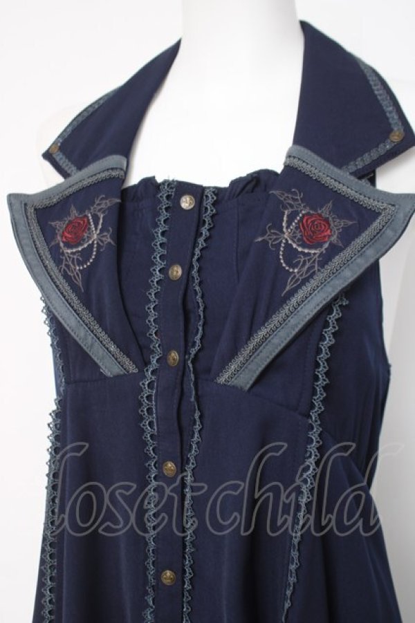 画像5: Ozz oneste / 薔薇刺繍ロングベストワンピース  紺 Y-26-04-09-032-OO-OP-SZ-ZY (5)