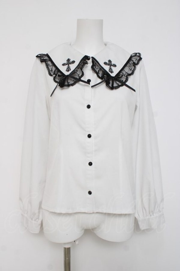 画像1: NIBBLE POISON / クロス刺繍ビッグ襟ブラウス  白 Y-26-04-09-048-PU-BL-AS-ZY (1)