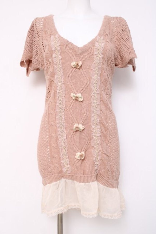 画像1: axes femme / ロング丈半袖ニットプルオーバー  ピンク Y-26-04-09-096-AX-TO-SZ-ZY (1)