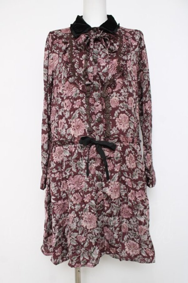 画像1: axes femme / 襟取り外しボウタイブラウスワンピース  ワイン Y-26-04-09-098-AX-OP-SZ-ZY (1)