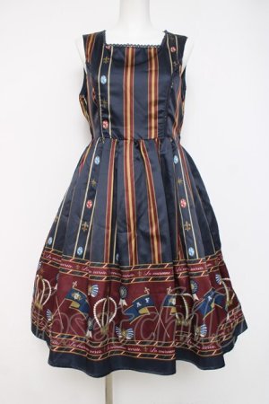 画像: axes femme kawaii / アンティークモチーフストライプジャンパースカート  紺 Y-26-04-09-100-AX-OP-SZ-ZY
