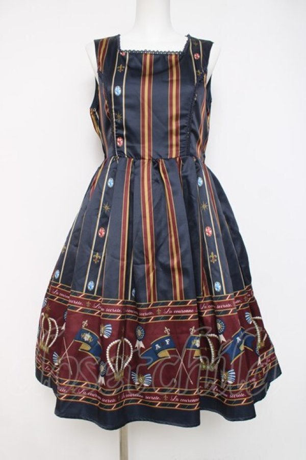 画像1: axes femme kawaii / アンティークモチーフストライプジャンパースカート  紺 Y-26-04-09-100-AX-OP-SZ-ZY (1)