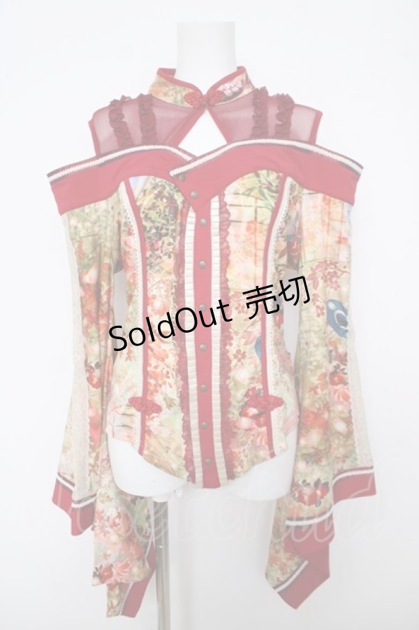 画像1: Ozz oneste / チャイナ和柄着物袖オフショルトップス  赤 Y-26-04-11-086-OO-TO-SZ-ZY (1)