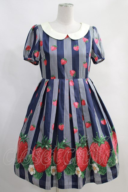 Leur Getter ストロベリープリント袖付きワンピース ブルー